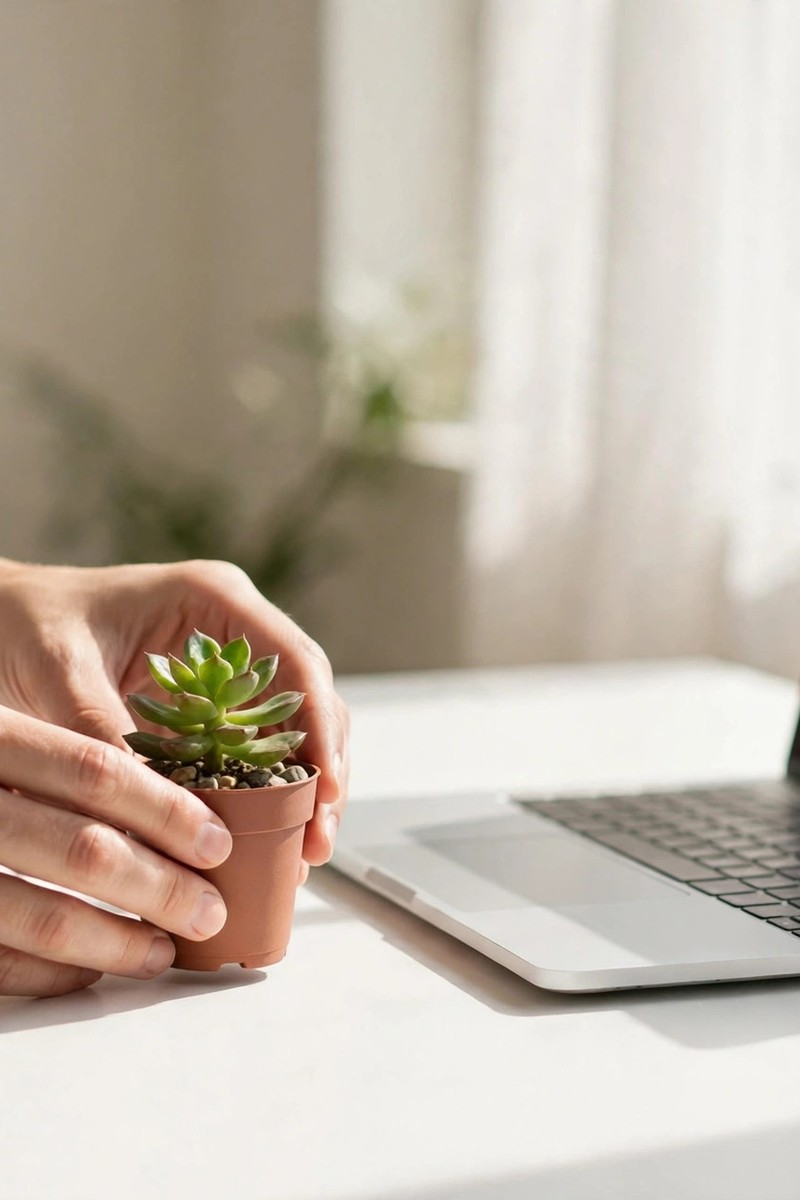 Hands placing a small potted plant on a tidy white desk next to a laptop.