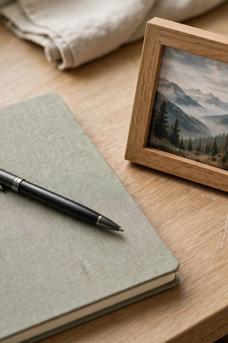 A notebook, pen, and a small framed photo on a tidy wooden desk corner.