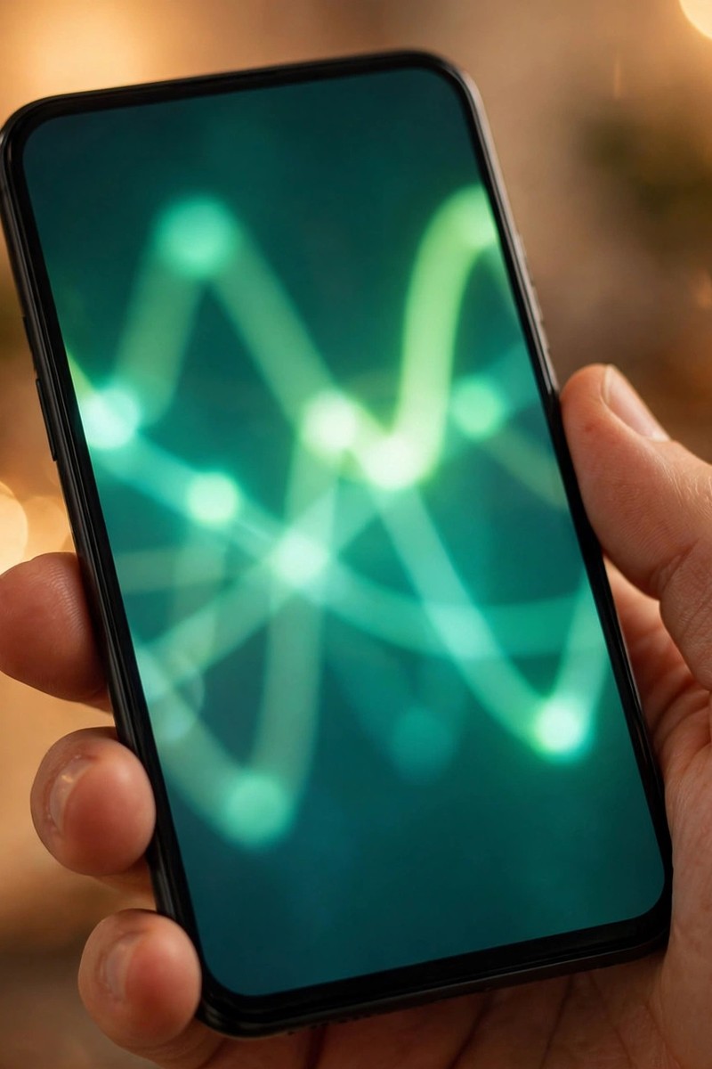 Hand holding a smartphone displaying a glowing green line chart of website traffic statistics