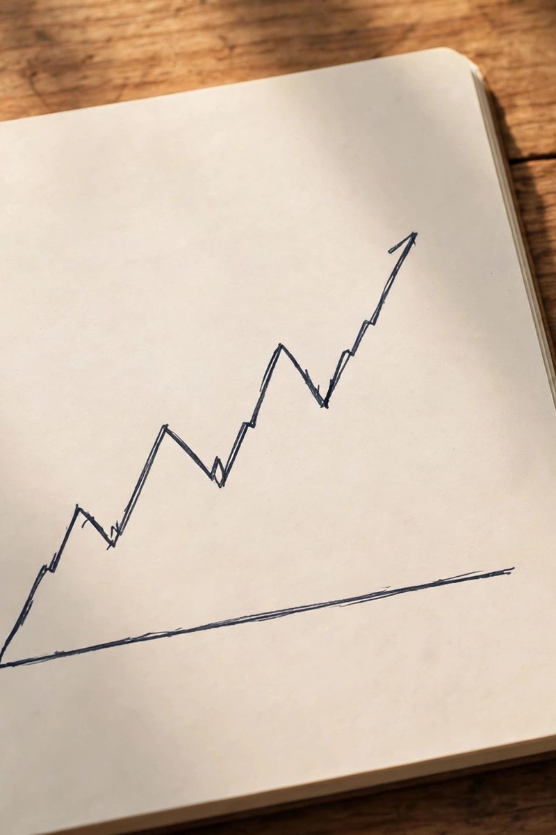 Open notebook on a wooden desk with a hand-drawn rising line chart showing steady growth