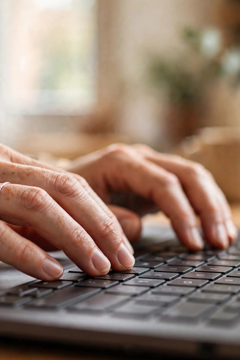 Close-up of hands typing a welcome email on a laptop keyboard