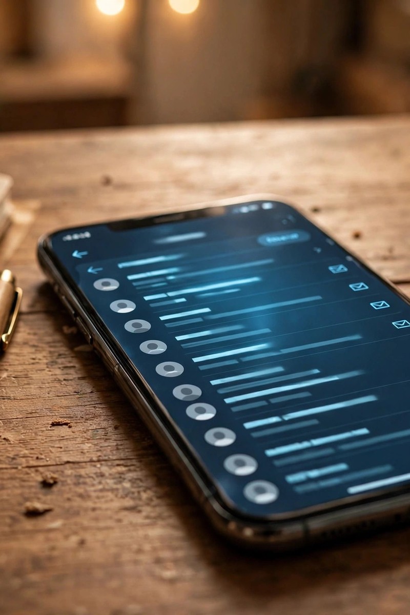 Smartphone showing an email app held in one hand