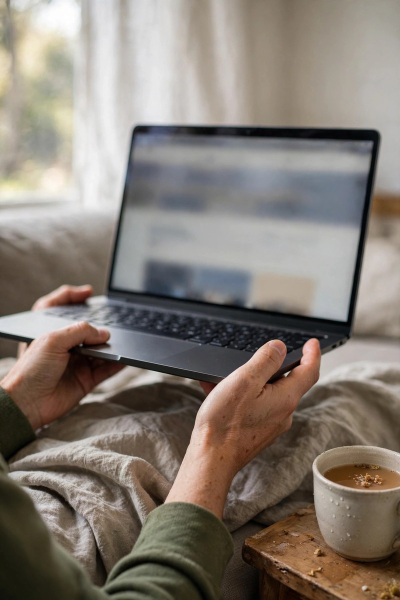 Hands holding a laptop showing a blurred webpage, sitting on a couch with tea nearby