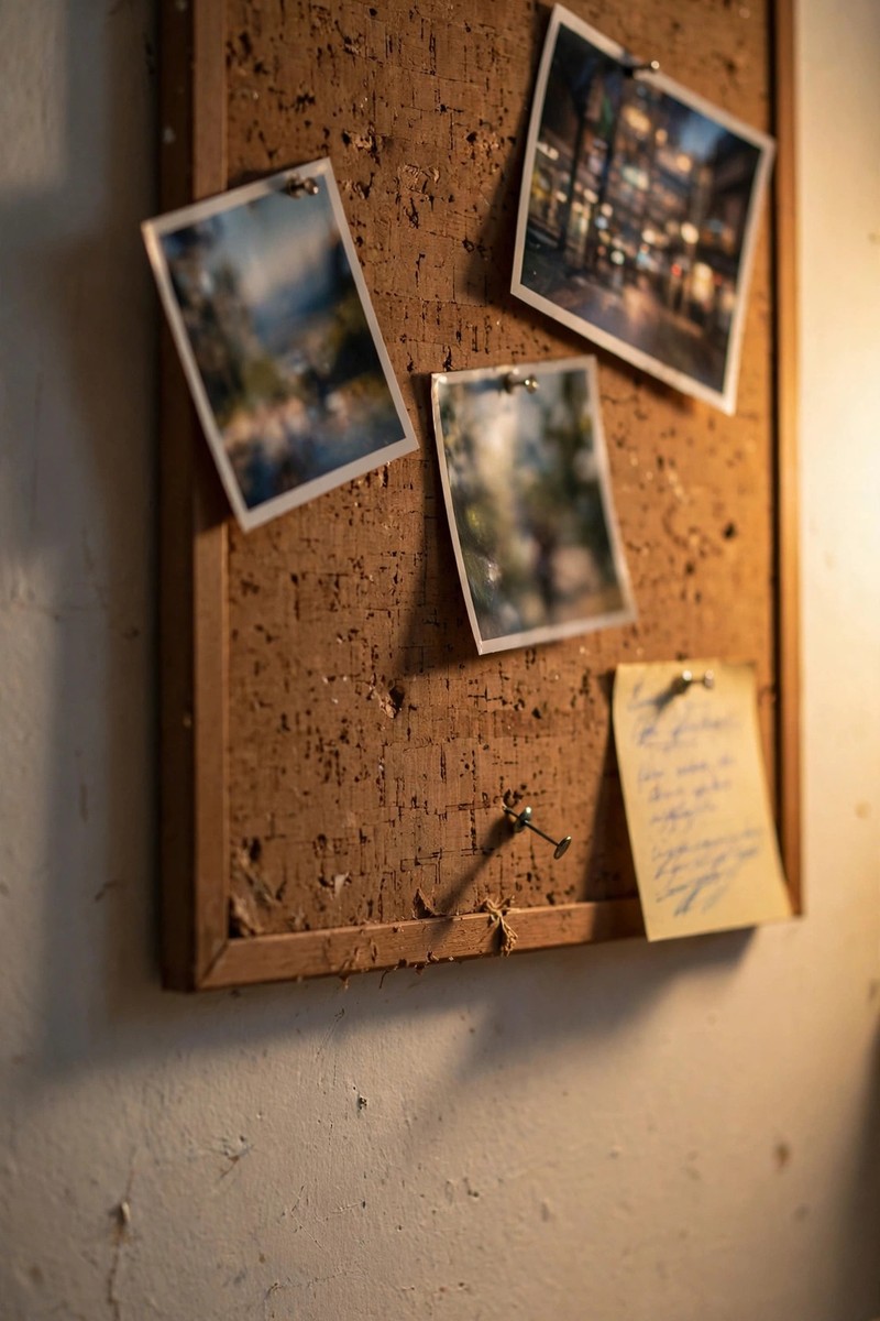 Corkboard with slightly tilted pinned photos and a note card on a bedroom wall