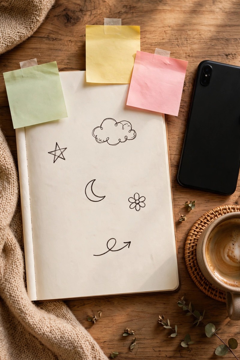 Notebook with sketches and sticky notes, phone and coffee on a warm desk