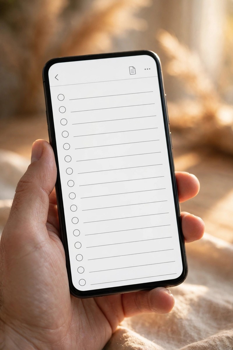 A close-up of a hand holding a smartphone with a notes app open on the screen, no readable text on the screen, no visible faces.