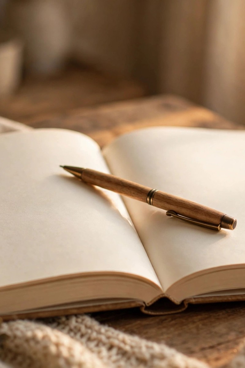 An open book with a pen resting across the pages, lit by soft warm window light, no readable text on the pages.
